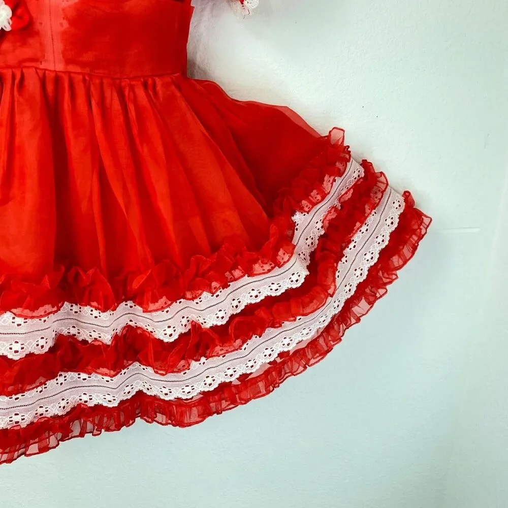 Vintage Girls Red Nylon Chiffon Dress Lace Puff Sleeve Holiday Christmas Size 6